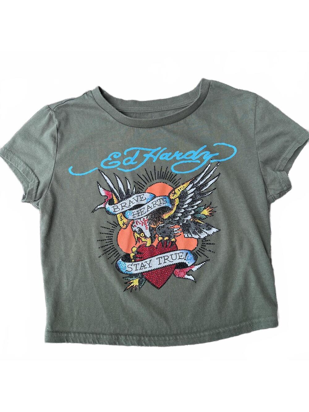 Ed Hardy Rhinestone Brave Heart Eagle Bling Baby Tee Crop Top Green Small Y2K